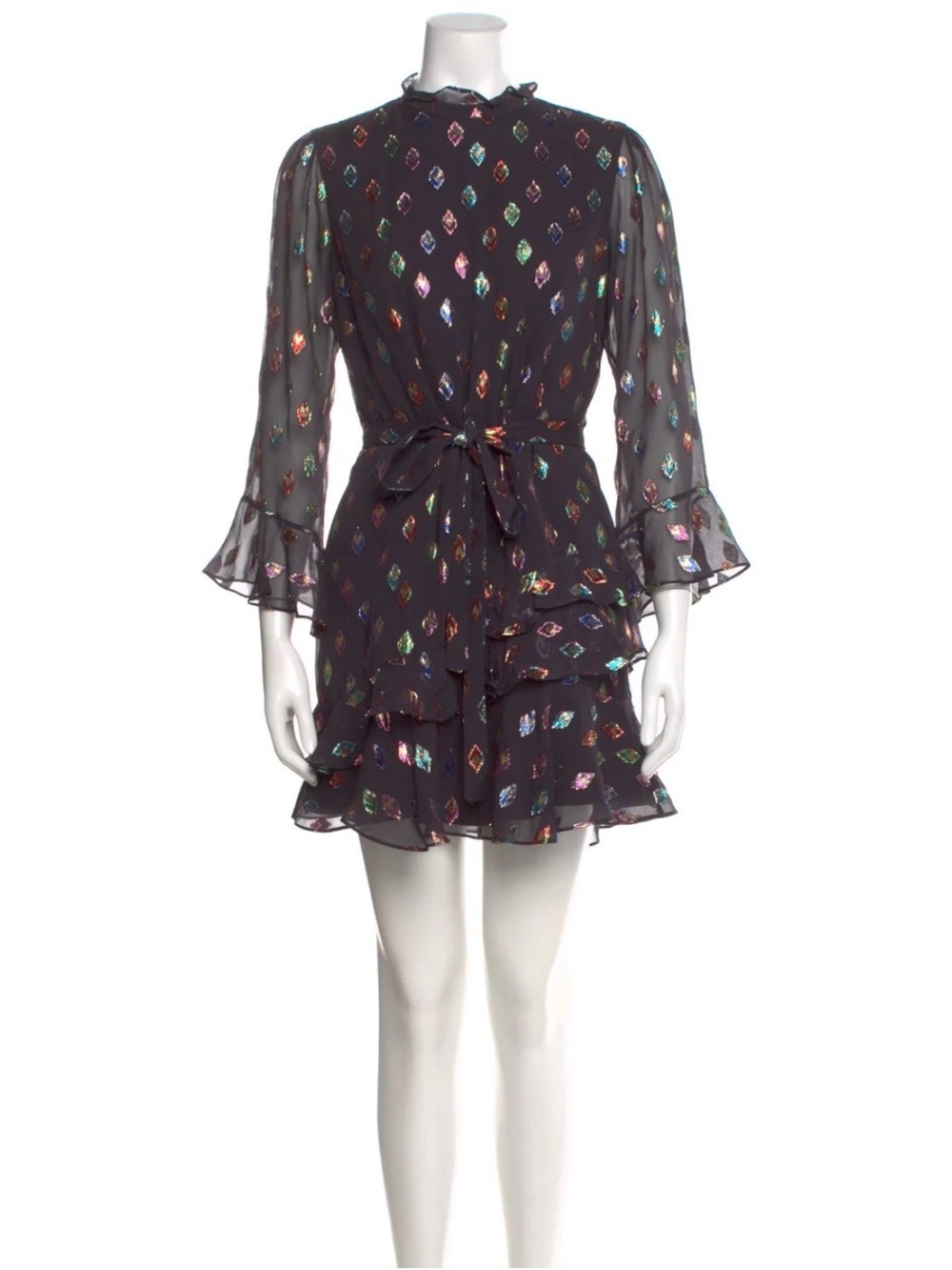 SALONI Marissa Metallic Silk Mini Dress Ruffle Black Rainbow Foil US 4
